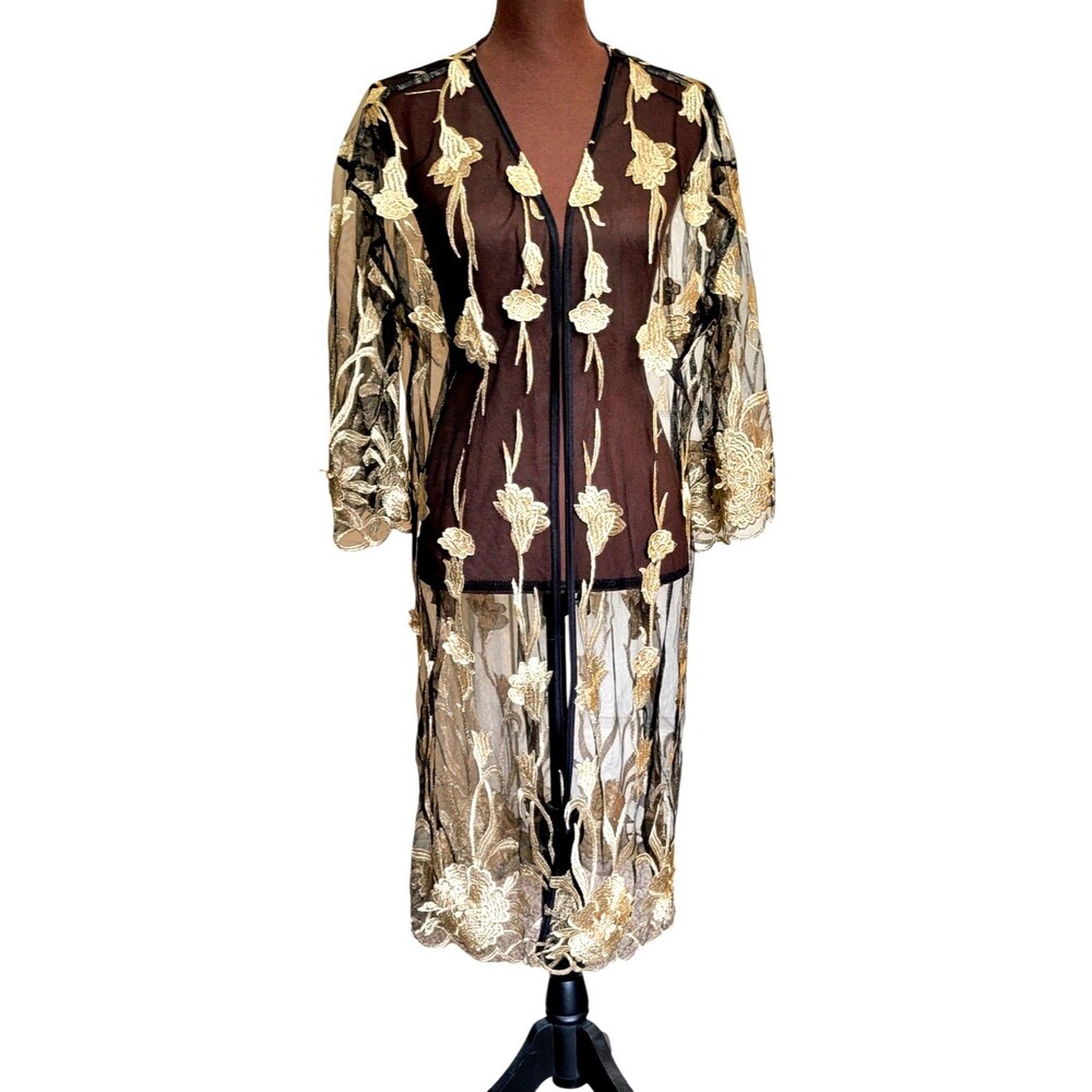Est. 1946 Kimono Black Gold Cover Up One Size Floral Embroidered Y2K Beach Boho